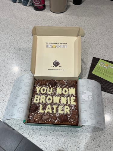 Customer photo review of Custom message chocolate fiend brownie