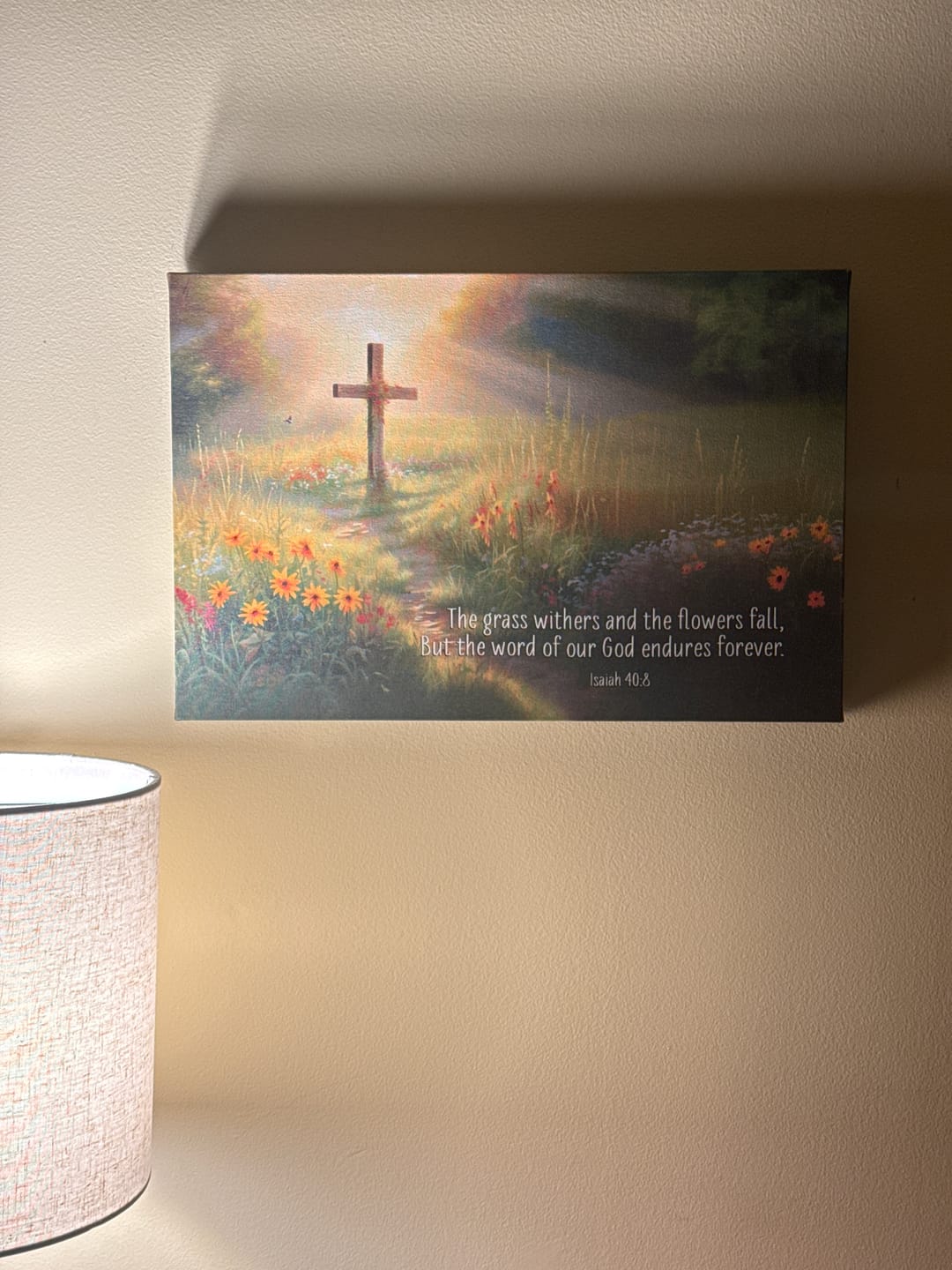 Customer photo review of Isaiah 40:8 the Word of Our God Endures Forever, Wooden Cross Field, Wall Art Canvas