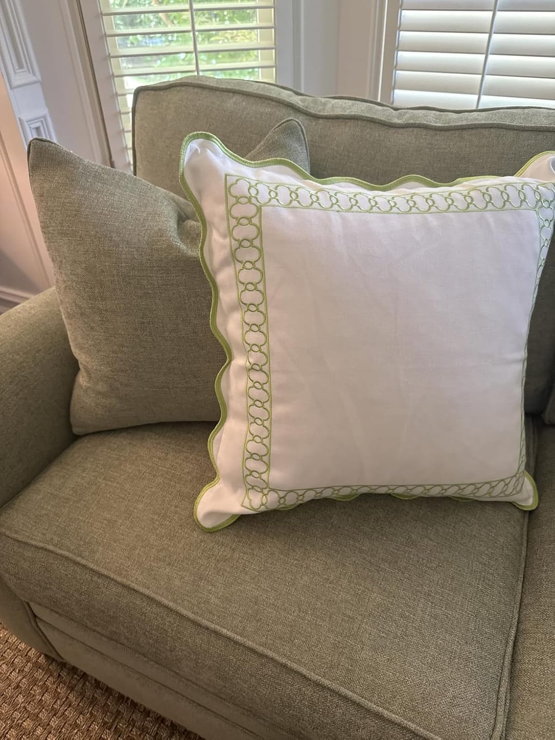 Customer photo review of Coastal Indoor Outdoor Scalloped Throw Pillow Cover Only, Begonia Pattern Chain Frame, Green, 20"x20"