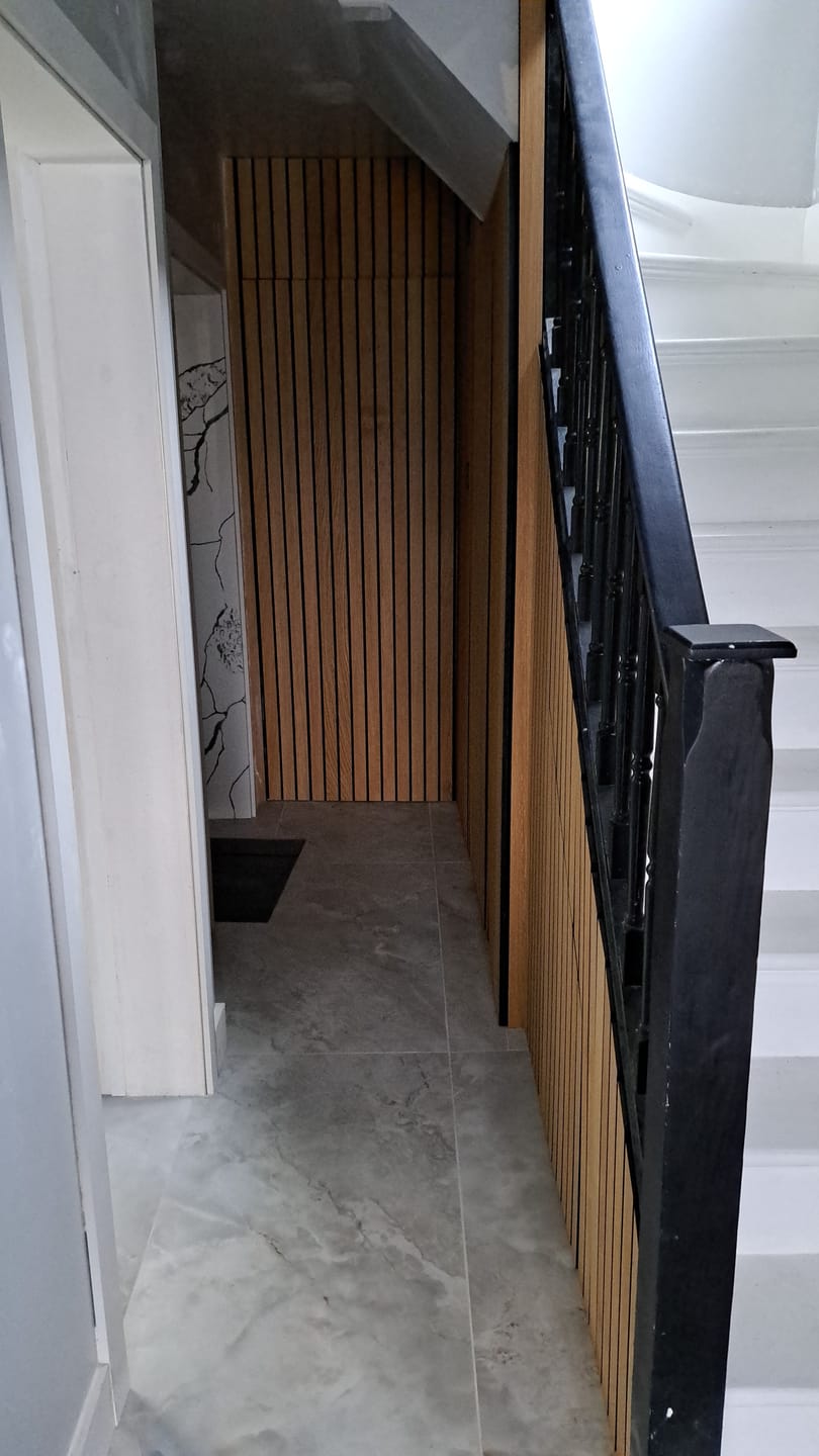 Customer photo review of SlatWall Acoustic Honey Oak Panel