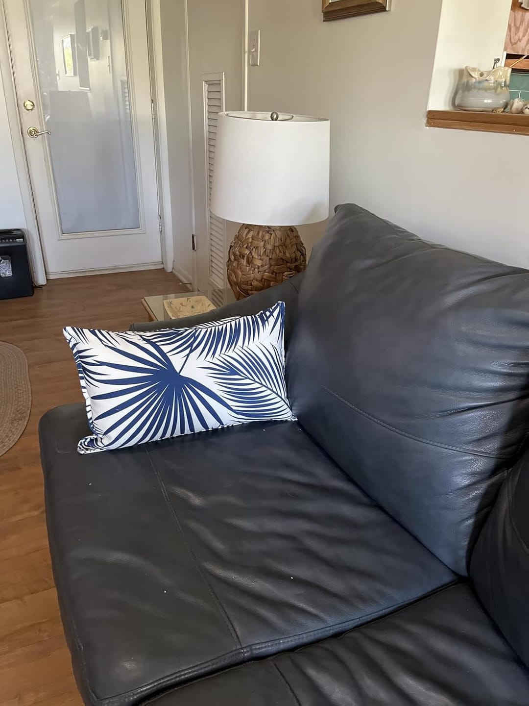 Customer photo review of Coastal Hampton Style Indoor Outdoor Lumbar Pillow Cover, Palm Leaf, Navy Blue, 12"x20"