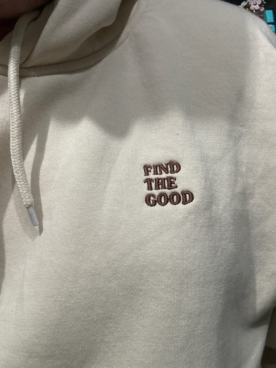 Customer photo review of 3 Simple Words Embroidered Hoodie - Cream