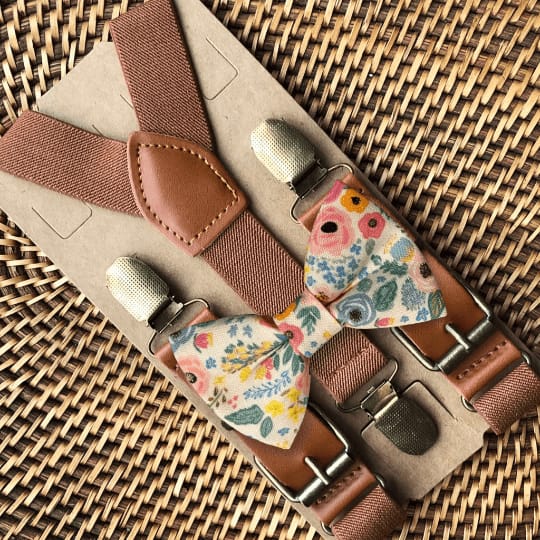 Customer photo review of Wonderland Garden Bow Tie & Cognac Buckle Suspenders Set
