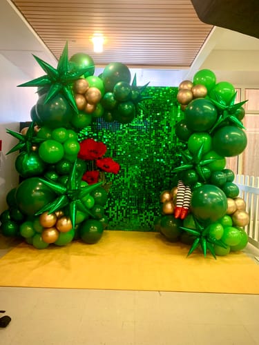 Customer photo review of Bright Green Shimmer Wall Panels – Easy Setup Birthday/Event/Theme Party Decorations