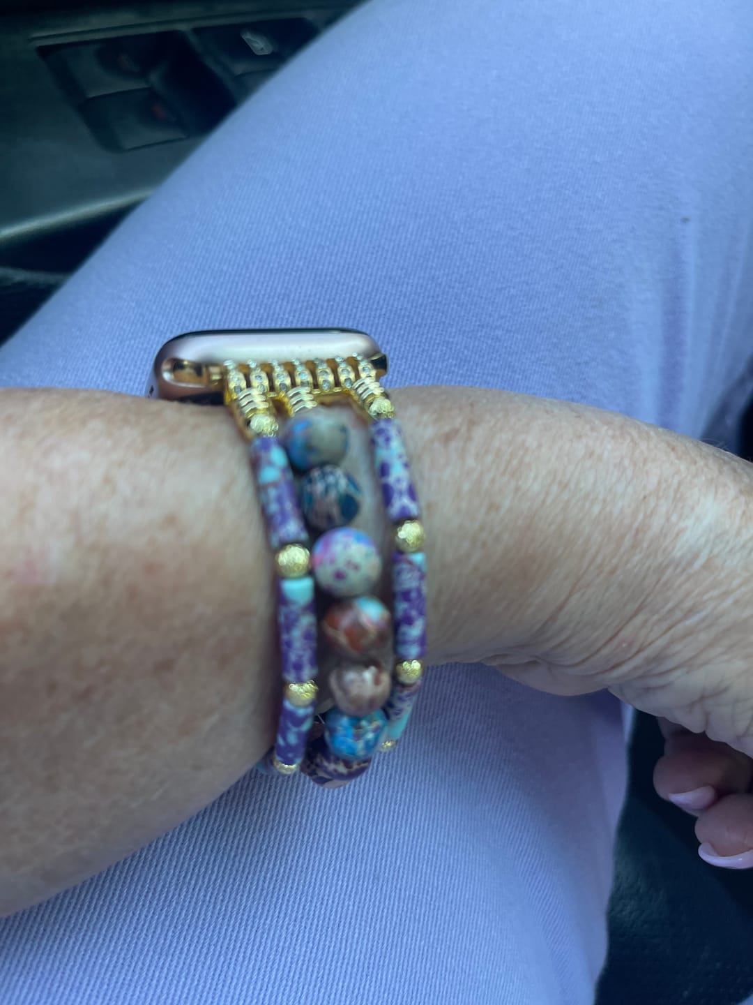 Customer photo review of Periwinkle Jasper Stretch Apple Watch Strap