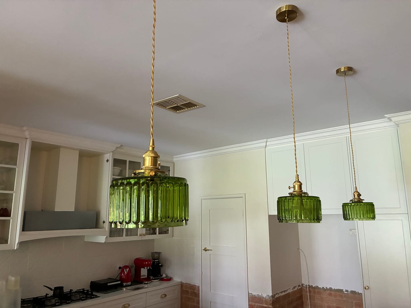 Customer photo review of Vintage Minimalist 1-Light Strip Patterned Glass Drum Round Pendant Light