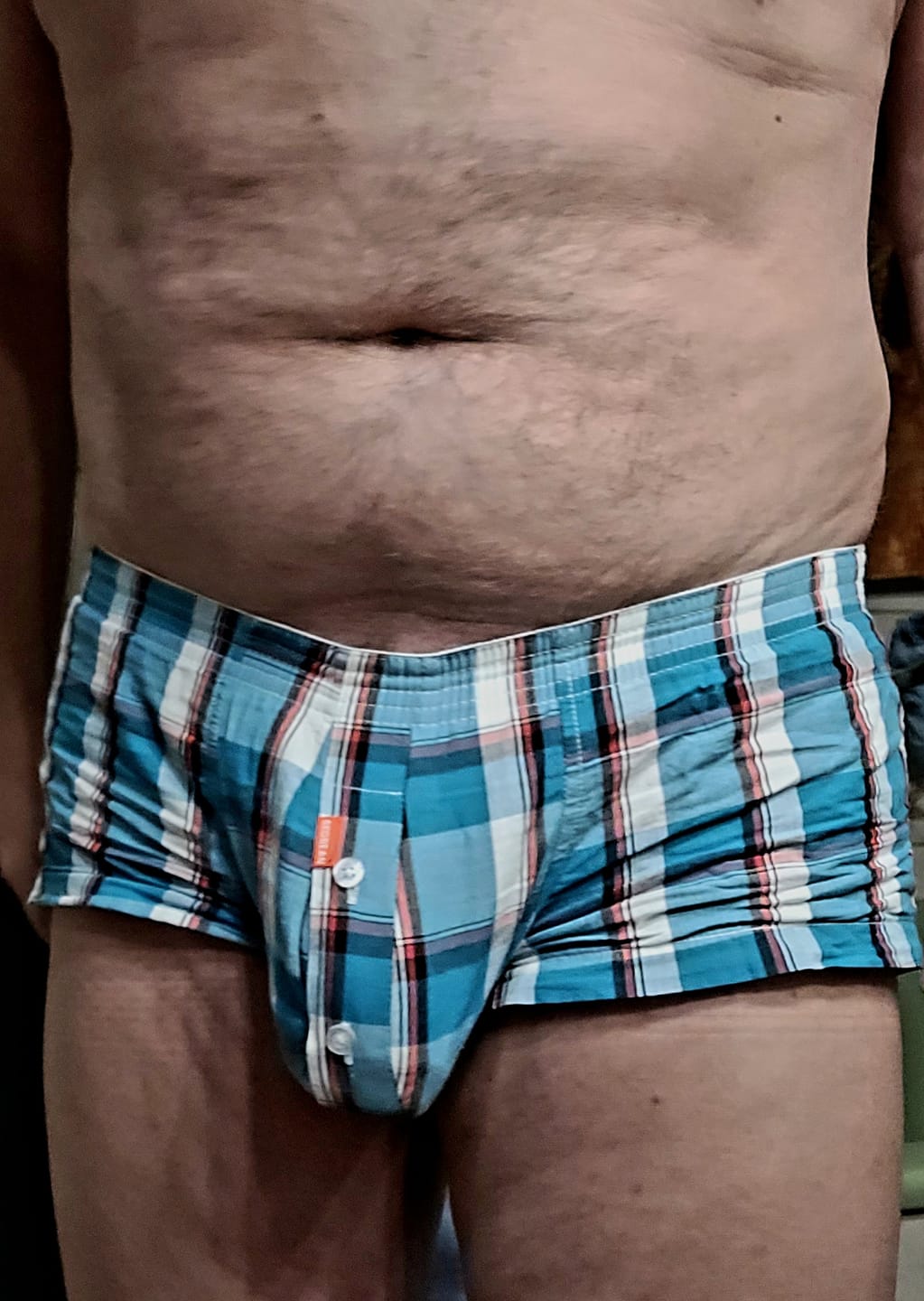 Customer photo review of Mens Plaid Front Pouch Boxer Shorts
