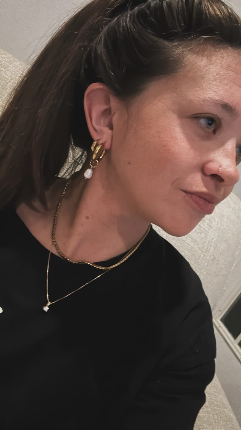 Customer photo review of Bethany Pearl Drop Hoop (Bundle)