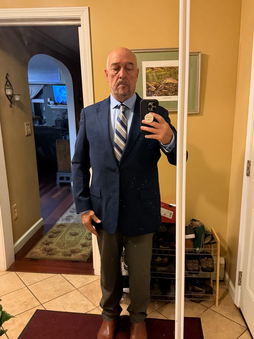 Customer photo review of Royal Blue Grey Striped Silk Fabric Mens Tie Hanky Cufflinks Set