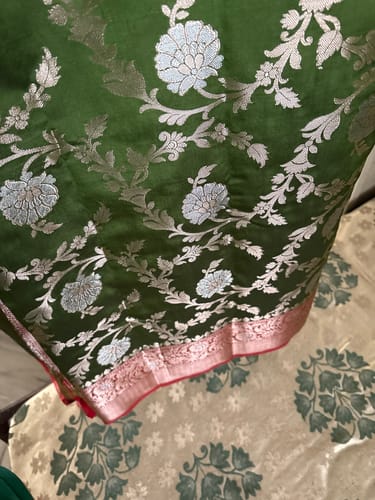 Customer photo review of Mehendi and Red Golden Zari Banarasi Silk Saree