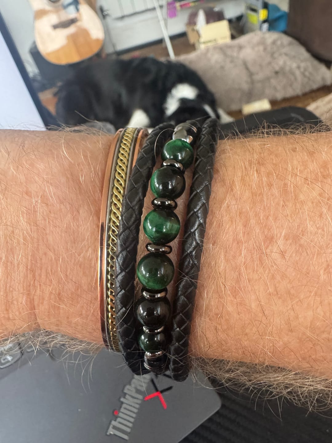 Customer photo review of Buddha Stones Tiger Eye Lava Rock Hematite Black Onyx Bead Positive Leather Bracelet