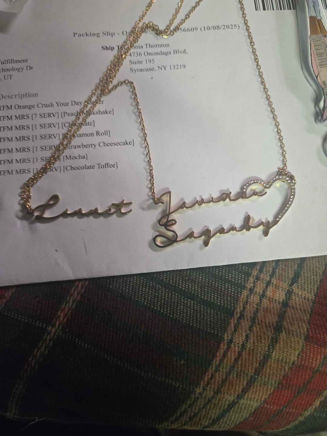 Customer photo review of Iced Heart Double Script Name Necklace