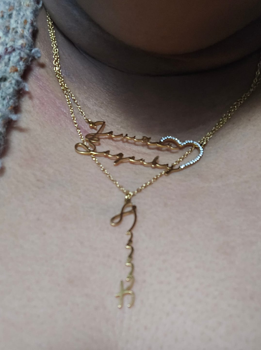 Customer photo review of Vertical Script Name Necklace