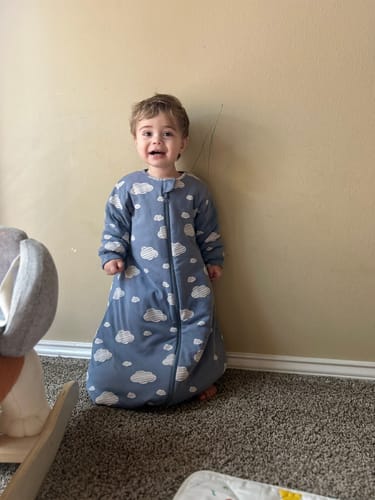 Customer photo review of Warm Long Sleeve Sleep Sack Walker 2.5 TOG - Organic Cotton & Camel Wool - Blue Sky