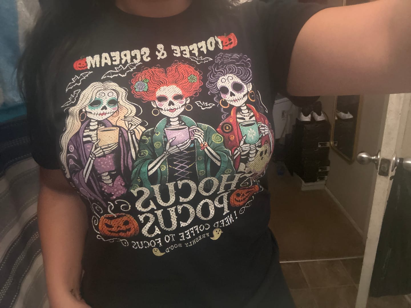 Customer photo review of Hocus Pocus I Need Coffee To Focus Fresh Boo'd Halloween T-Shirt