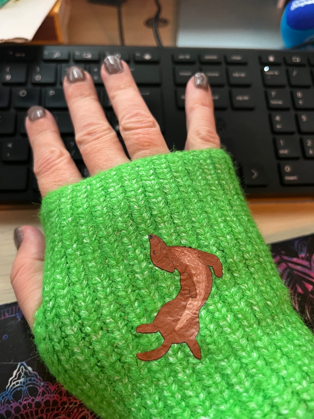 Customer photo review of Recycled fingerless gloves -36 animals to choose from