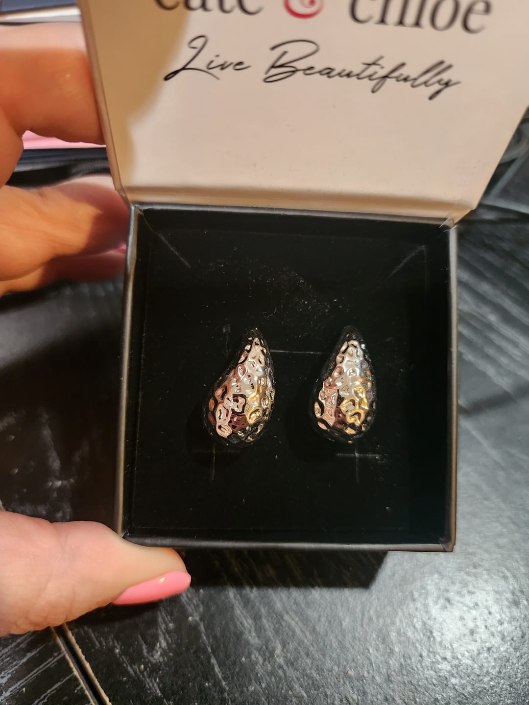 Customer photo review of Candice 18k White Gold Plated Teardrop Stud Earrings