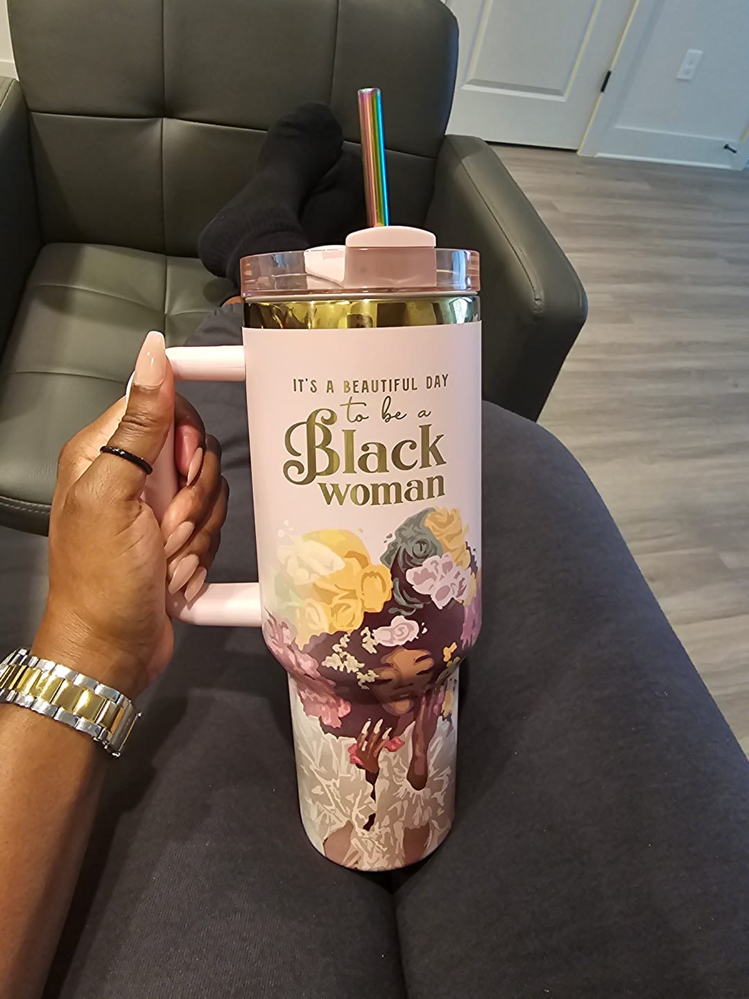 Customer photo review of Pink “Royalty Blossomed” 40oz Insulated Tumbler – "It’s a Beautiful Day to be a Black Woman"