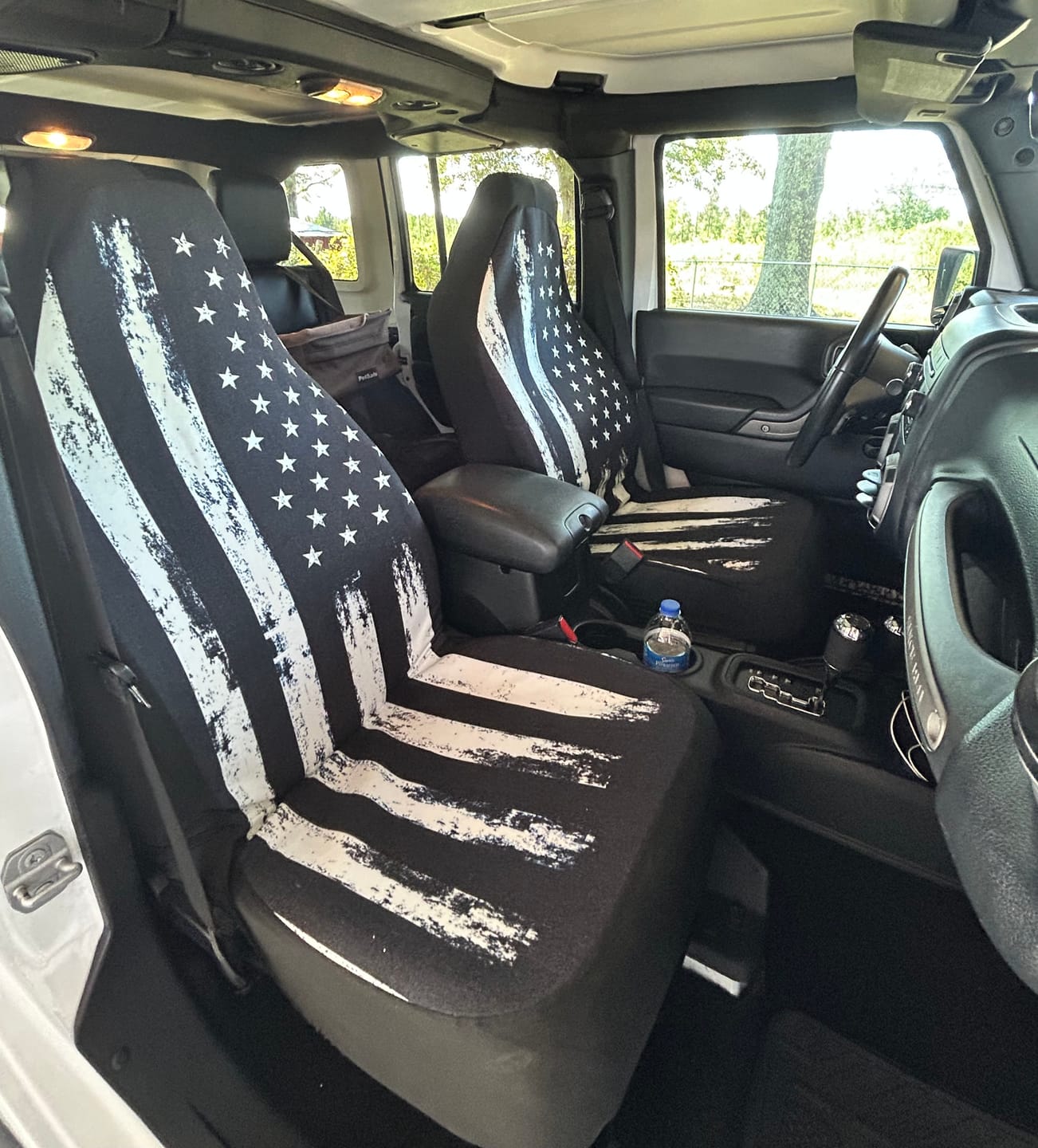 Customer photo review of USA America Flag Car Seat Covers 2 pc, US Distressed Black White Patriotic American Front Auto Car SUV Protector Accessory Decoration