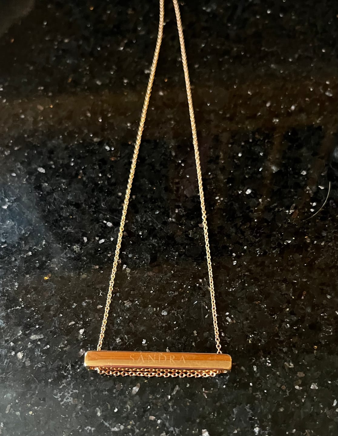 Customer photo review of 4cm Letter Bar Necklace in Rose Gold Horizontal