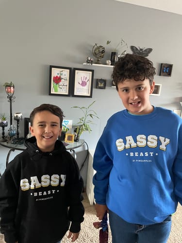 Customer photo review of Sassy Beast Varsity White YOUTH HOODIE