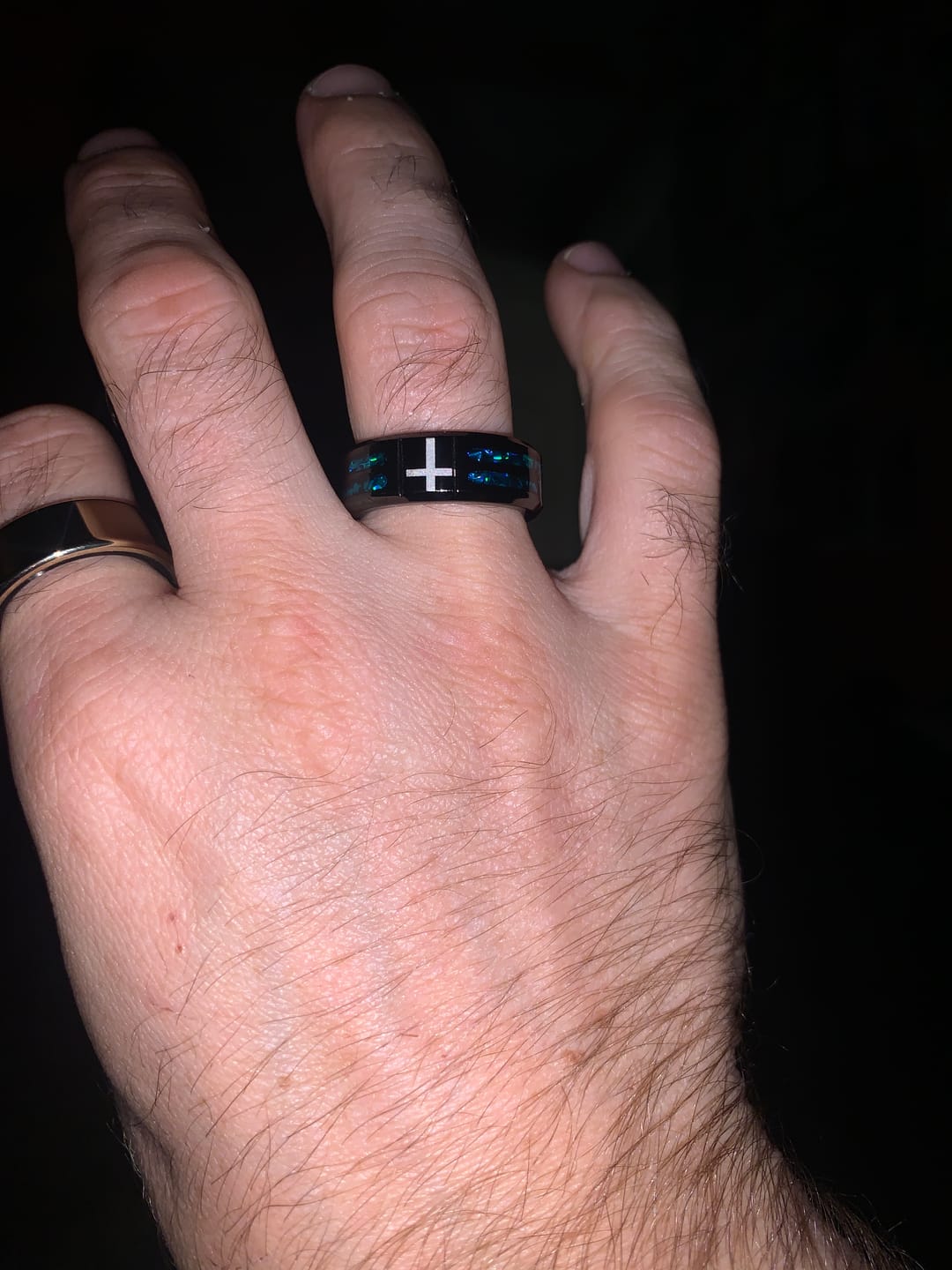Customer photo review of FREE Today: Modern Titanium Steel Cross Ring with Laser Blue Inlay: Serenity in Christ's Blue Light