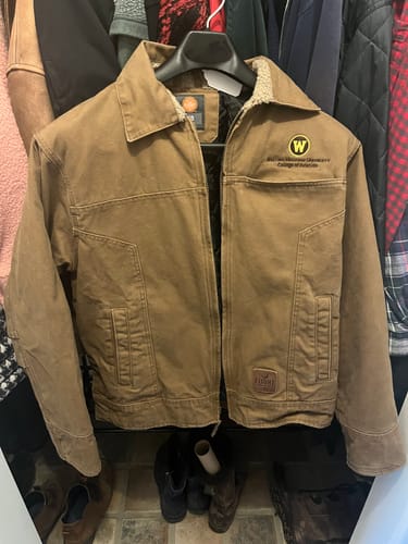 Customer photo review of Western Michigan College of Aviation Jacket Mens Medium Brown Canvas