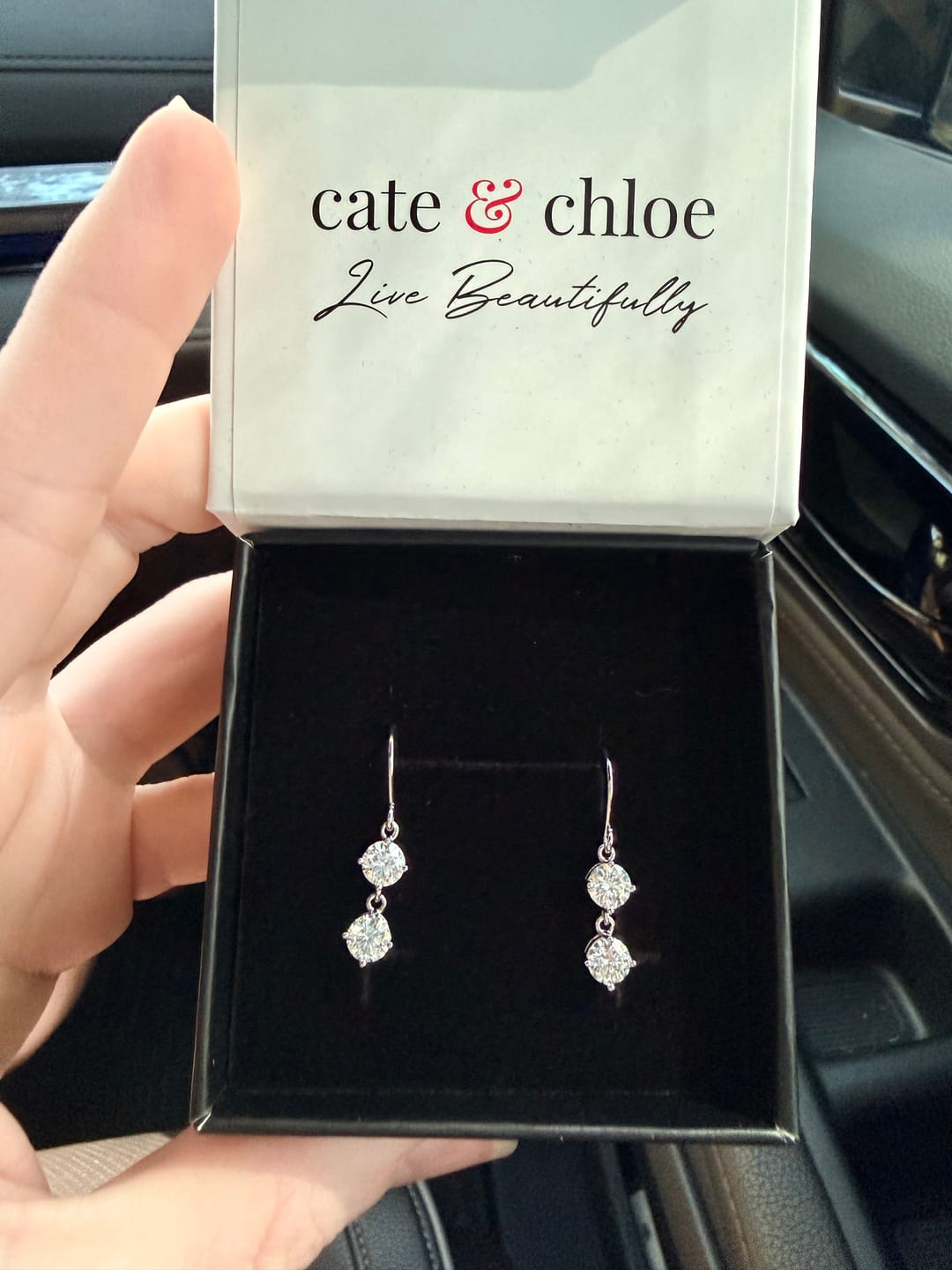 Customer photo review of Moissanite by Cate & Chloe Talia 18k Gold Plated 925 Sterling Silver Dangle Earrings 2.0tcw