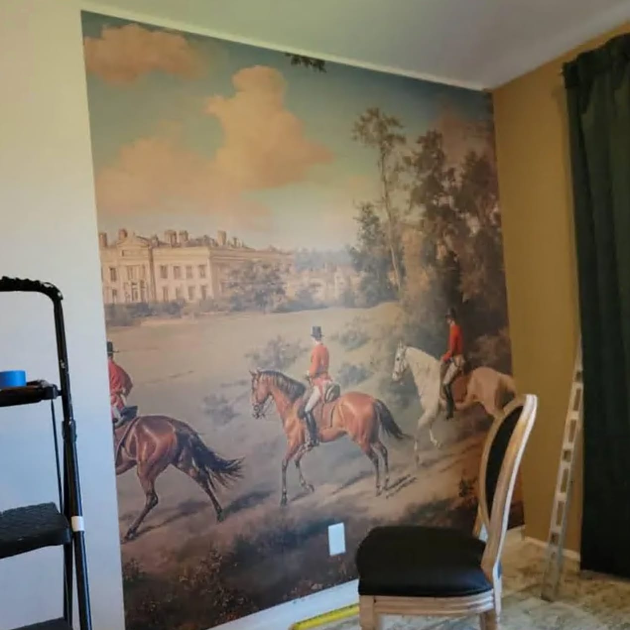 Customer photo review of Vintage Scenic Wall Mural, Horses and Hunting Dogs near the Castle Wallpaper, Old Style Landscape Art