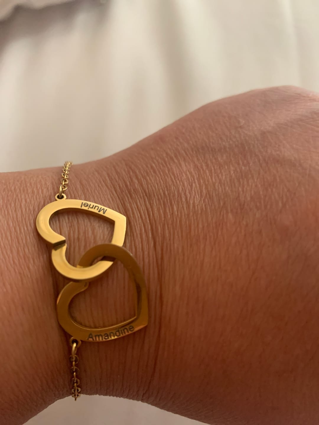 Customer photo review of Personalized Interlocking Double Heart Bracelet