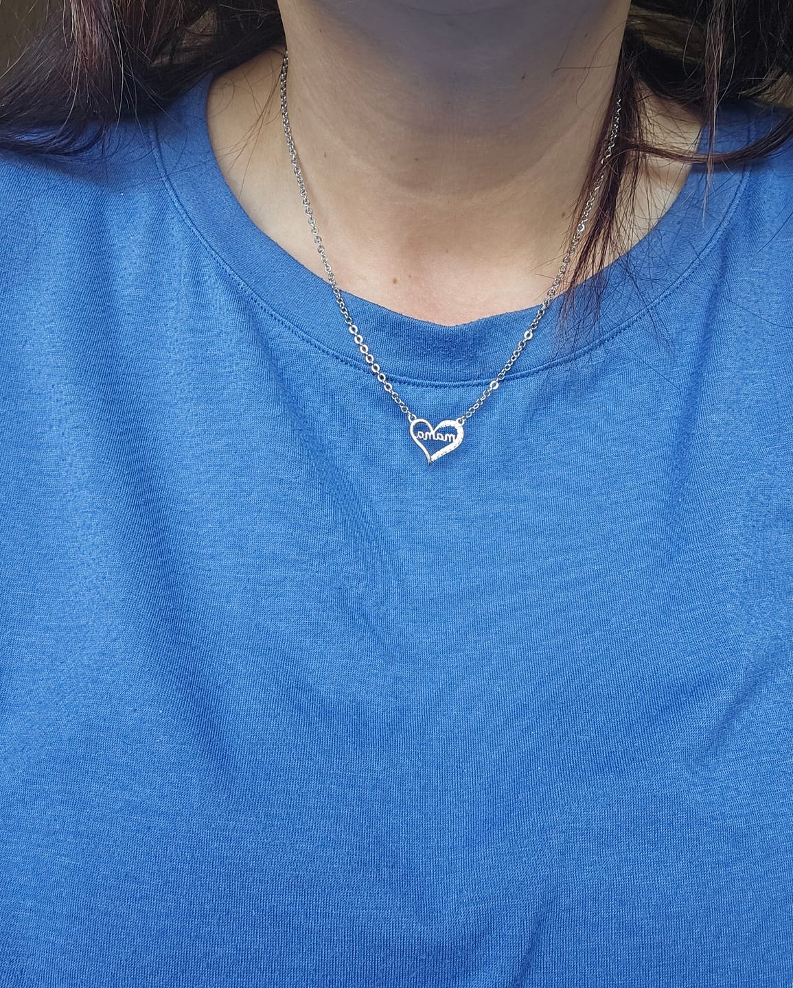 Customer photo review of Louise 18k White Gold Plated Mama Heart Necklace with Simulated Diamond Crystals