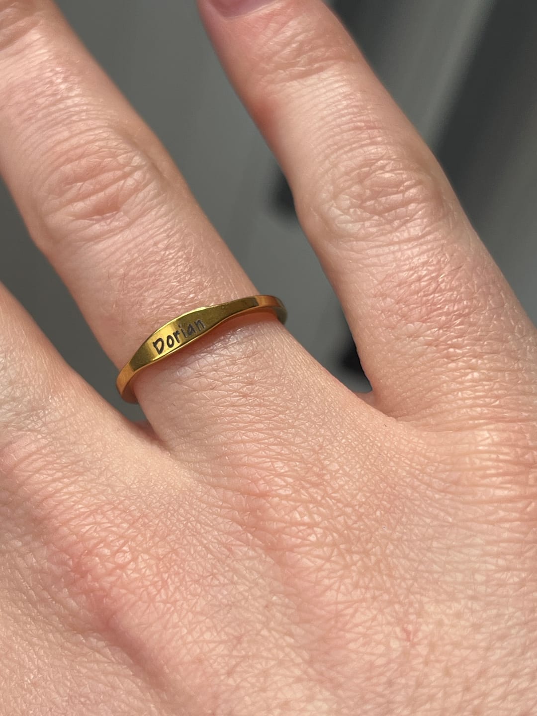 Customer photo review of Engraved Thin Name Ring