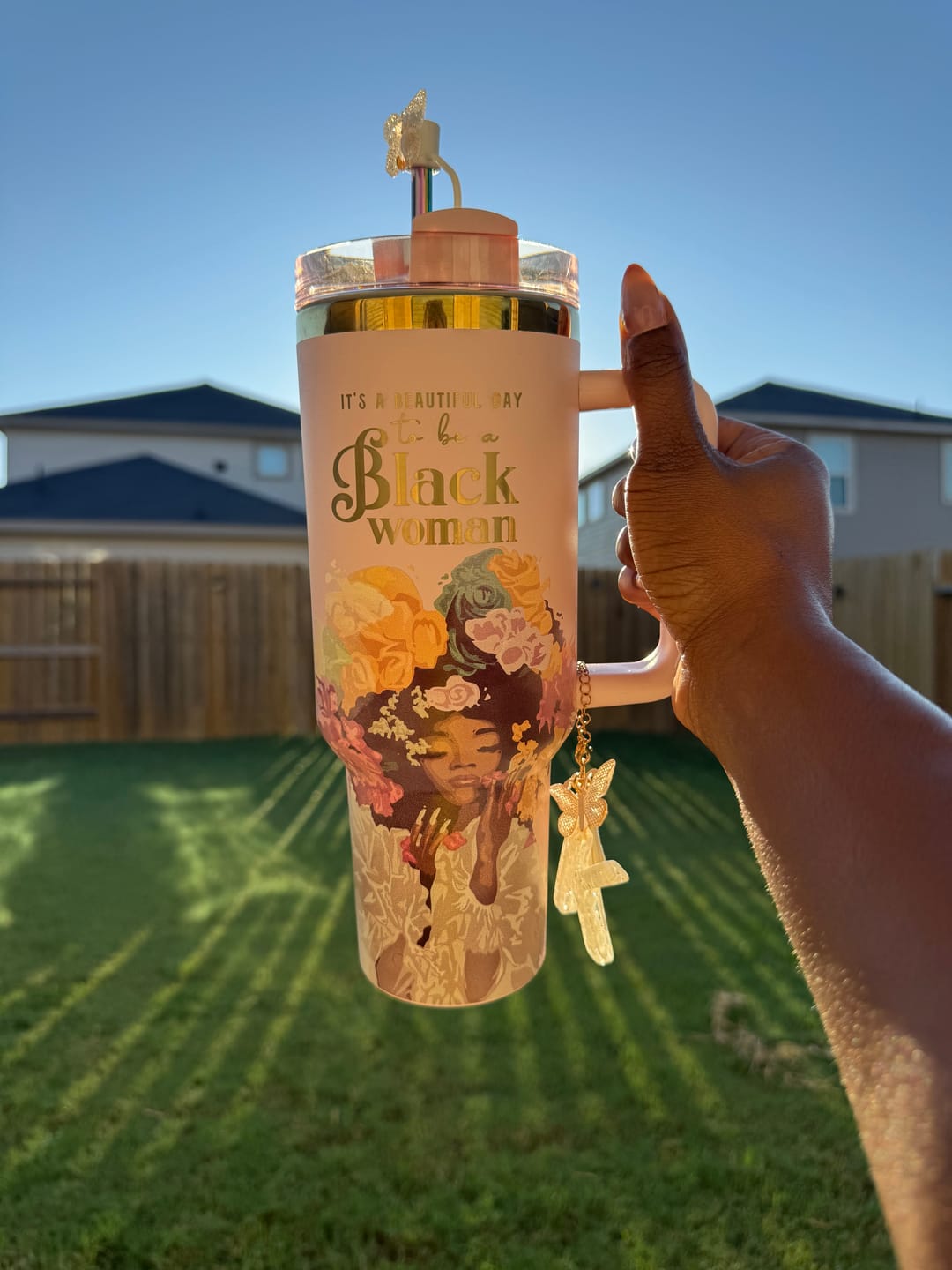 Customer photo review of Pink “Royalty Blossomed” 40oz Insulated Tumbler – "It’s a Beautiful Day to be a Black Woman"