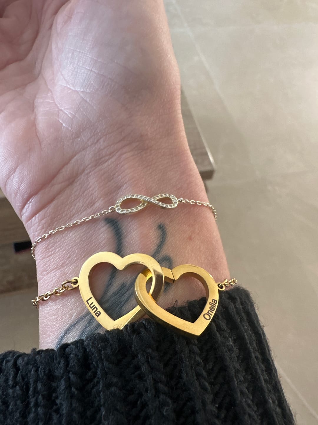Customer photo review of Personalized Interlocking Double Heart Bracelet