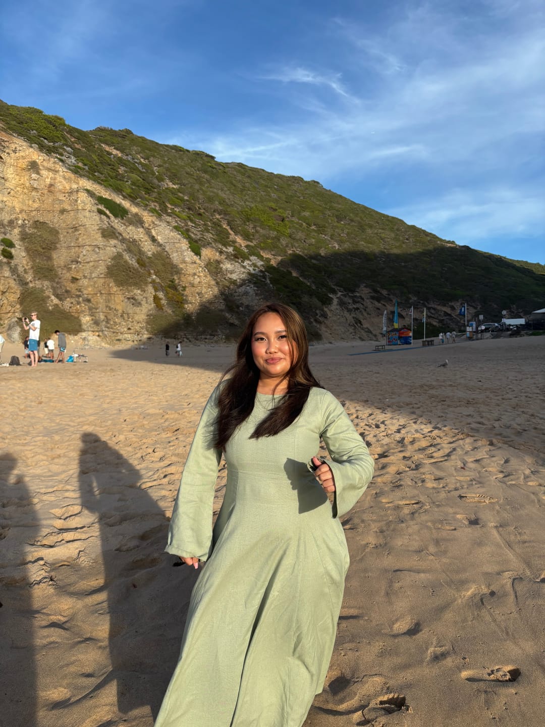 Customer photo review of Linen Lace-Up Dress in Sage