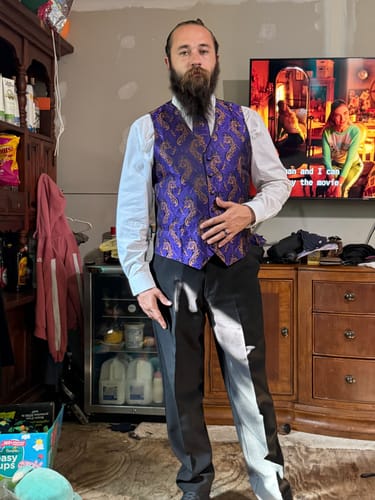 Customer photo review of Purple Golden Paisley Jacquard Silk Men's Vest Hanky Cufflinks Tie Set