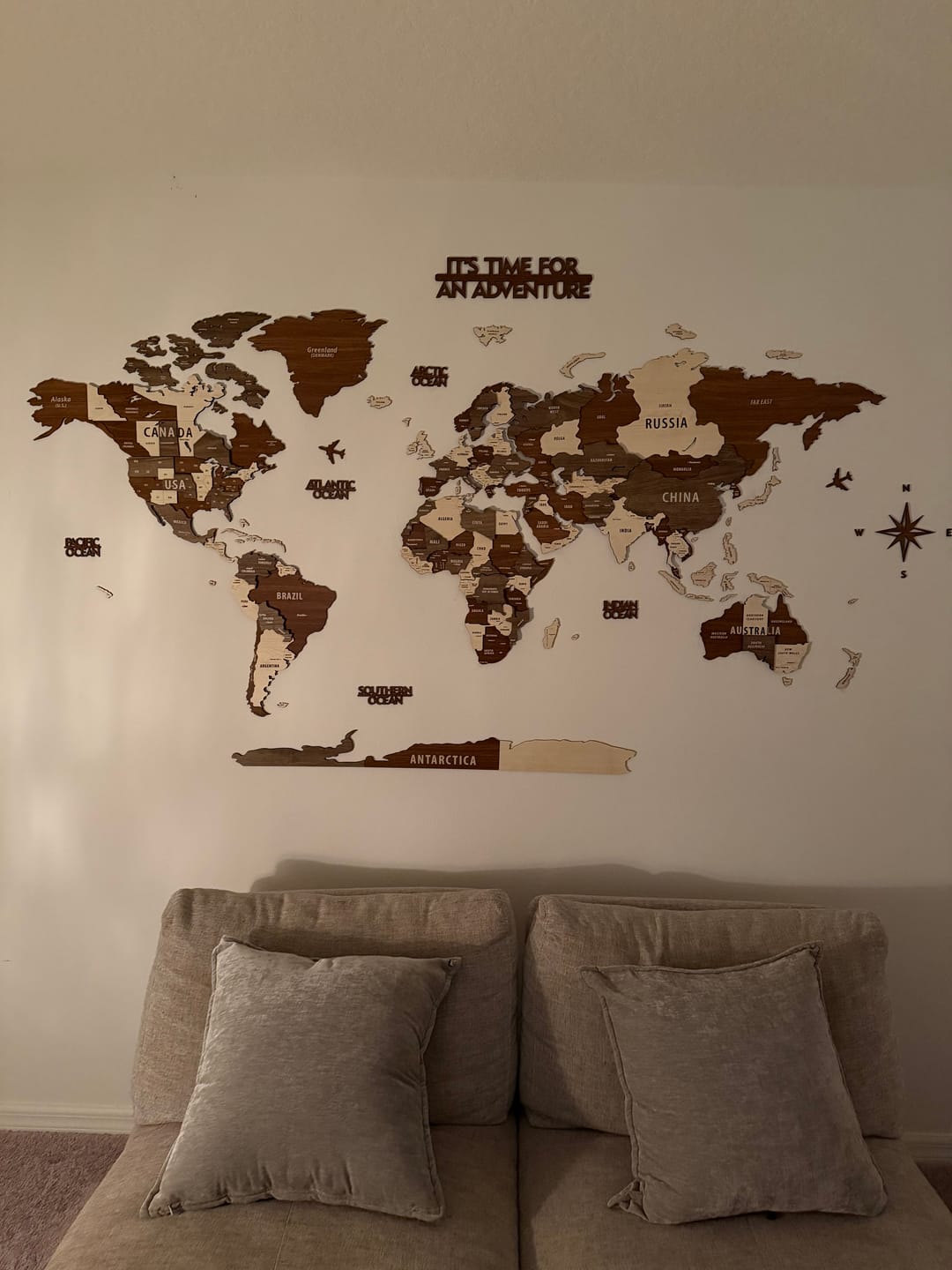 Customer photo review of Wooden World Map Wall Art - 3d Wood Push Pin Maps, Multicolor
