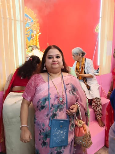 Customer photo review of Pink Floral Printed Satin Saree