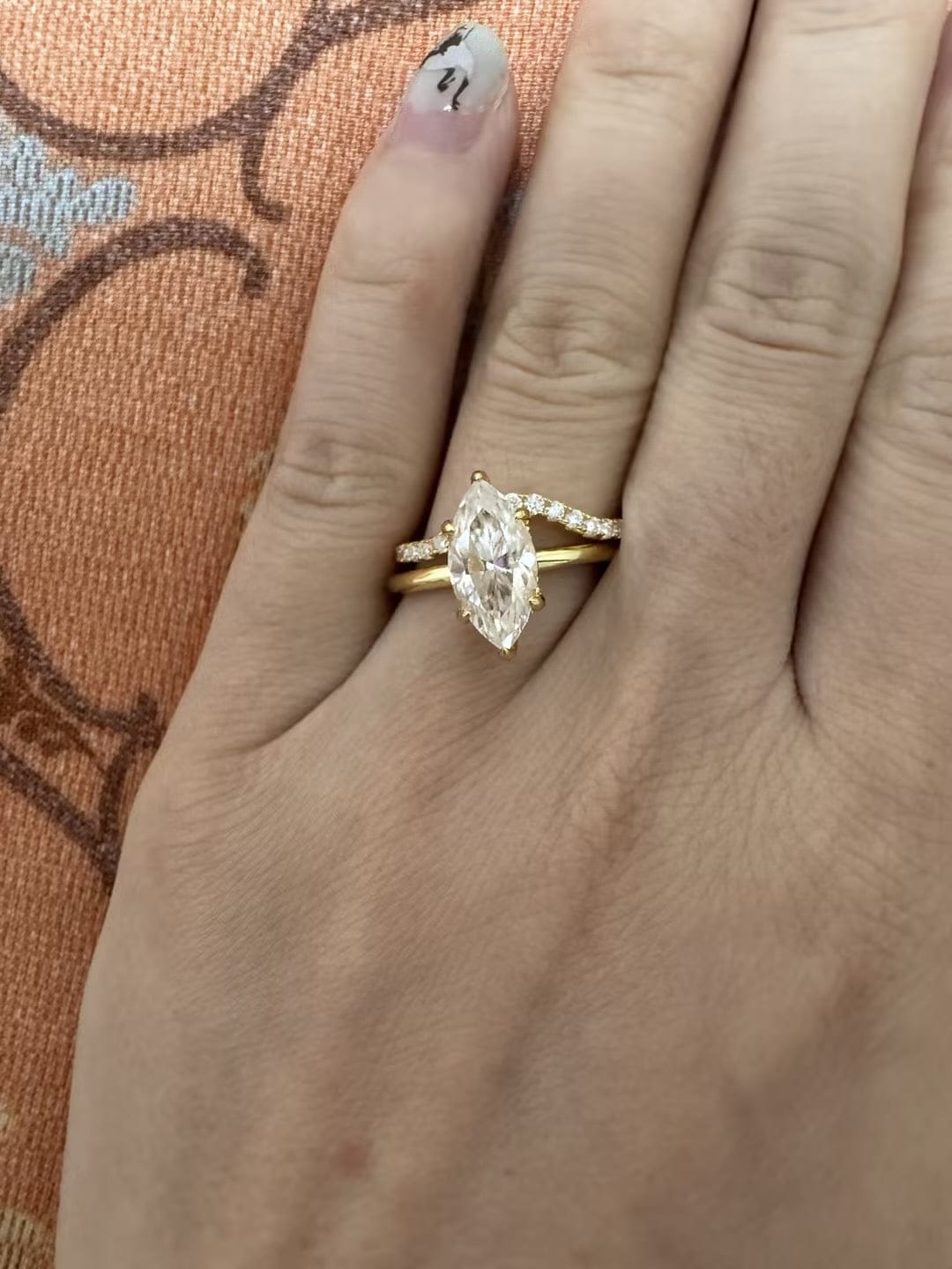 Customer photo review of S925 Moissanite 2.0 Ct/1.0Ct Marquise Cut Solitaire Yellow Gold Promise Ring For Women