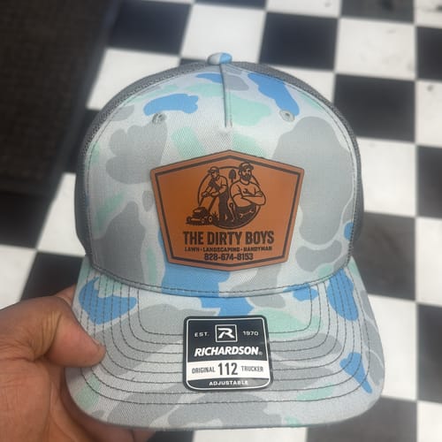 Customer photo review of Custom Leather Patch Hats Richardson CAMO Laser Engraved