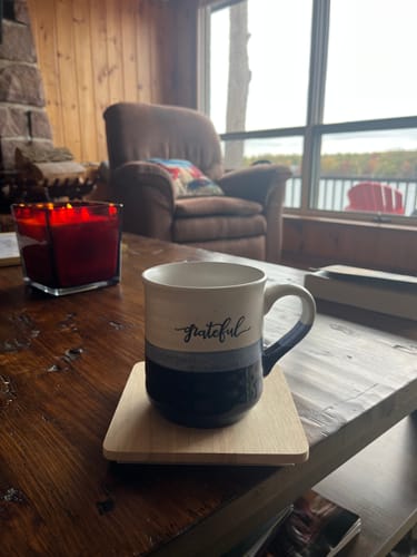 Customer photo review of Blue Ceramic Coffee Mugs with Gratitude Text - Set of 2