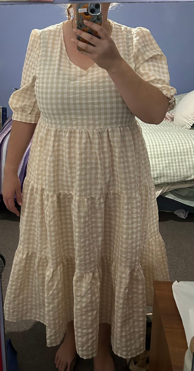 Customer photo review of Romy Midi Dress in Beige