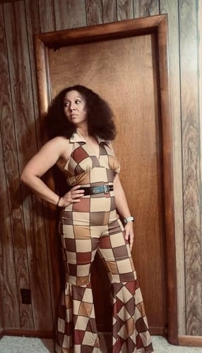 Customer photo review of 1970s Geometric Pattern Patchwork Halter Jumpsuit