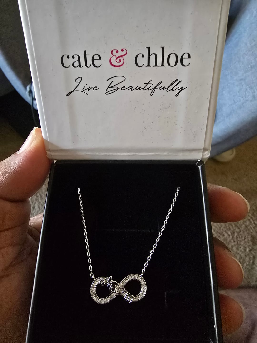 Customer photo review of Robin 18k White Gold Plated Mom Infinity Necklace with Swarovski Crystals