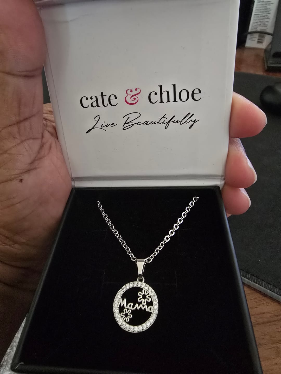 Customer photo review of Willa 18k White Gold Plated Circle Mama Necklace with Simulated Diamond Crystals