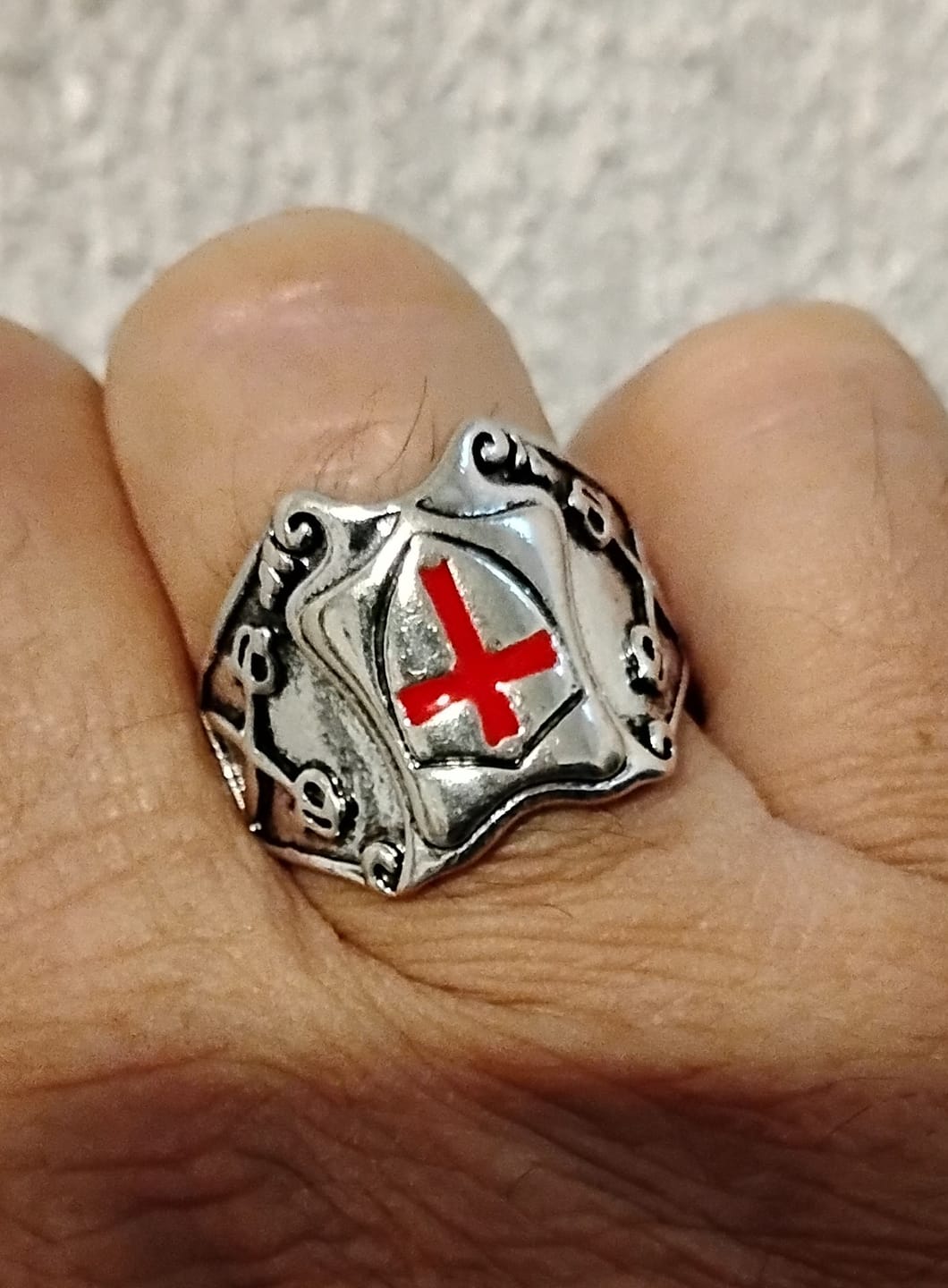 Customer photo review of FREE Today: Medieval Style Red Cross Shield Ring with Knightly Design and Engraved Details