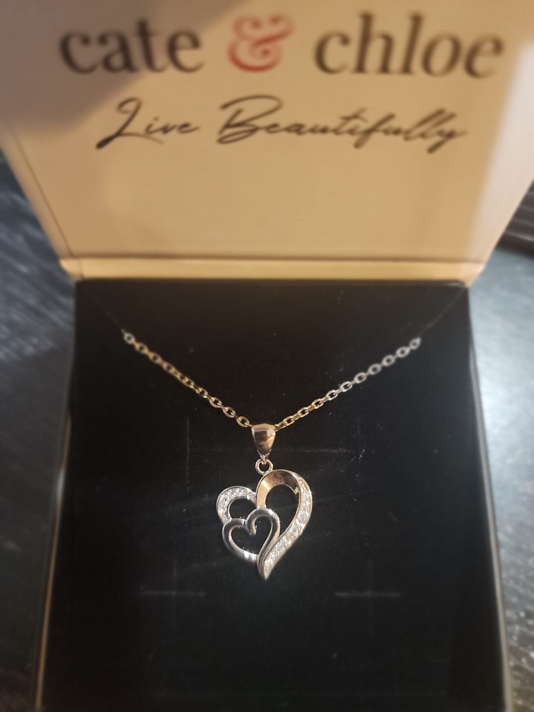Customer photo review of Jennifer 18k White Gold Plated Double Heart Necklace with Swarovski Crystals
