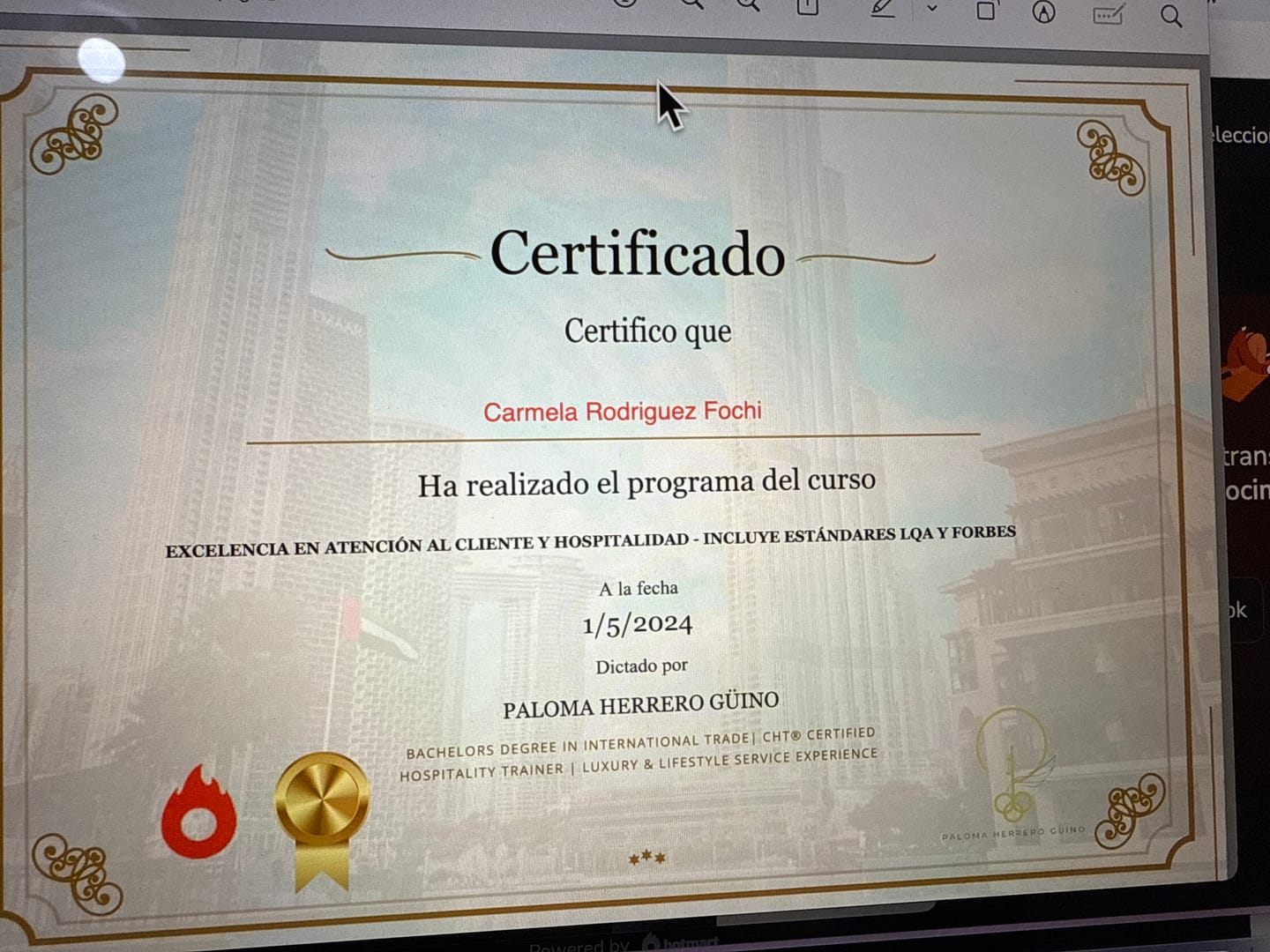 Customer photo review of Curso Excelencia en Atención al Cliente y Hospitalidad con LQA & Forbes Standards