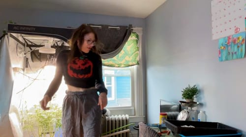 Customer photo review of Black 1970s Halloween Pumpkin Faux Mink Sweater