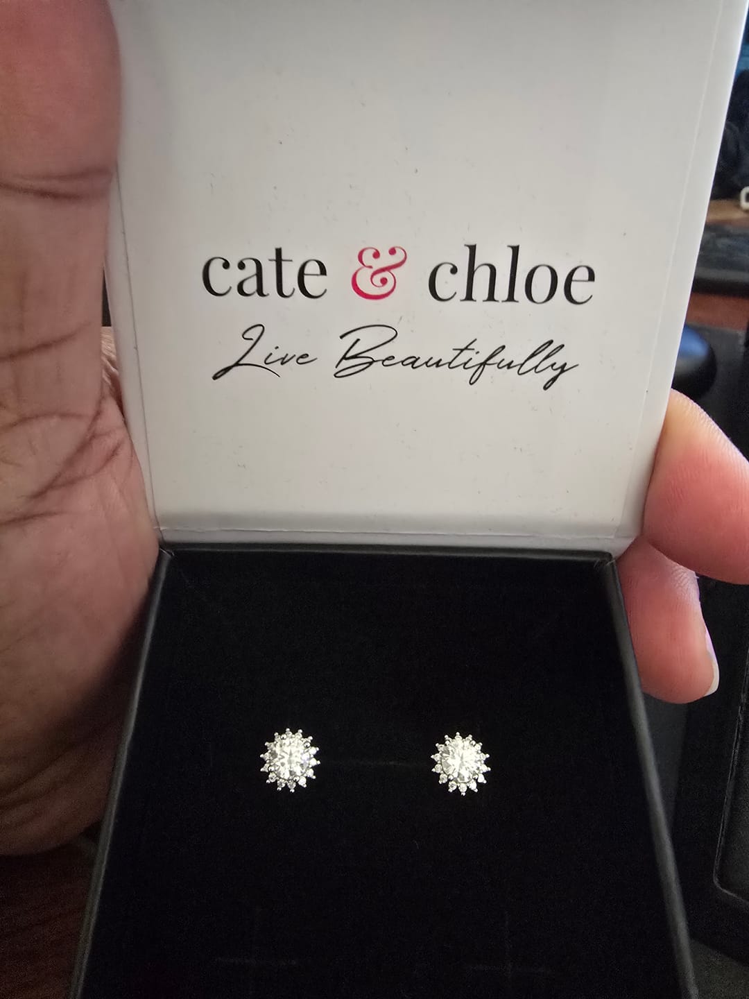 Customer photo review of Moissanite by Cate & Chloe Starla 18k Gold Plated 925 Sterling Silver Stud Earrings 1.14tcw